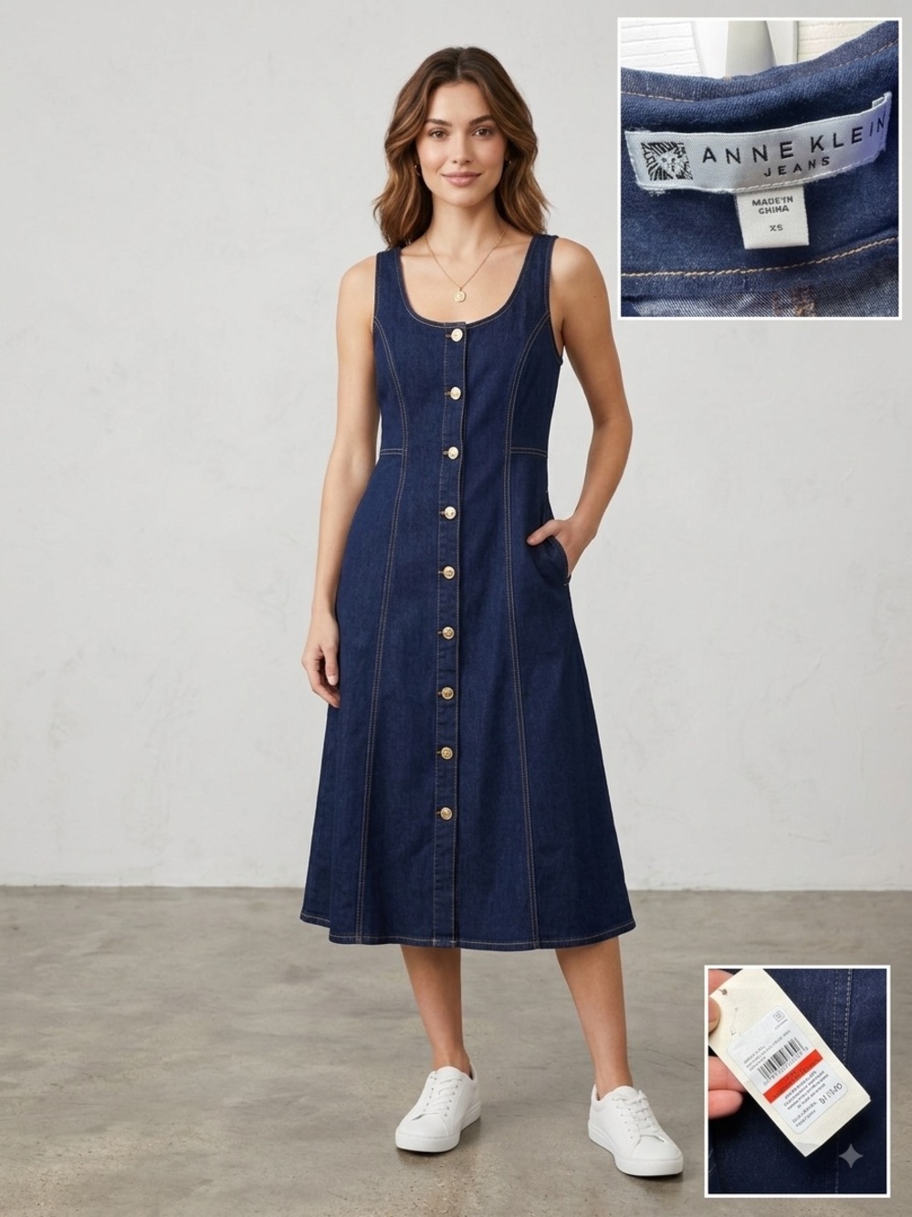 Anne Klein Navy Button-Front A-Line Midi Dress